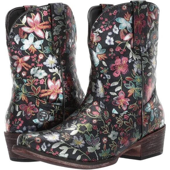 Roper Ingrid floral metallic ankle cowboy boots bootie - Picture 1 of 13